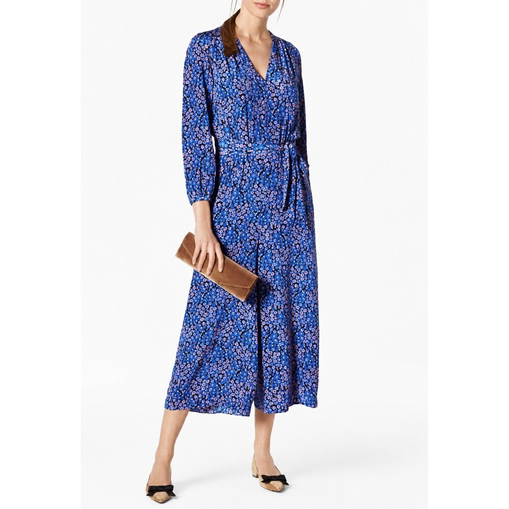 LK Bennett Ellora Blue 100% Silk Floral Culotte Jumpsuit Size 6 Wide Leg Belted